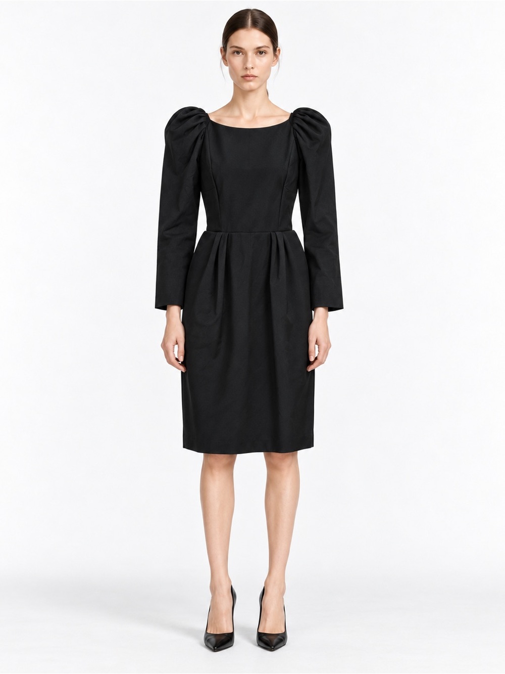 Jil Sander Black Wool Puff Sleeve Pleated Knee Length Dress IT 38 Timeless